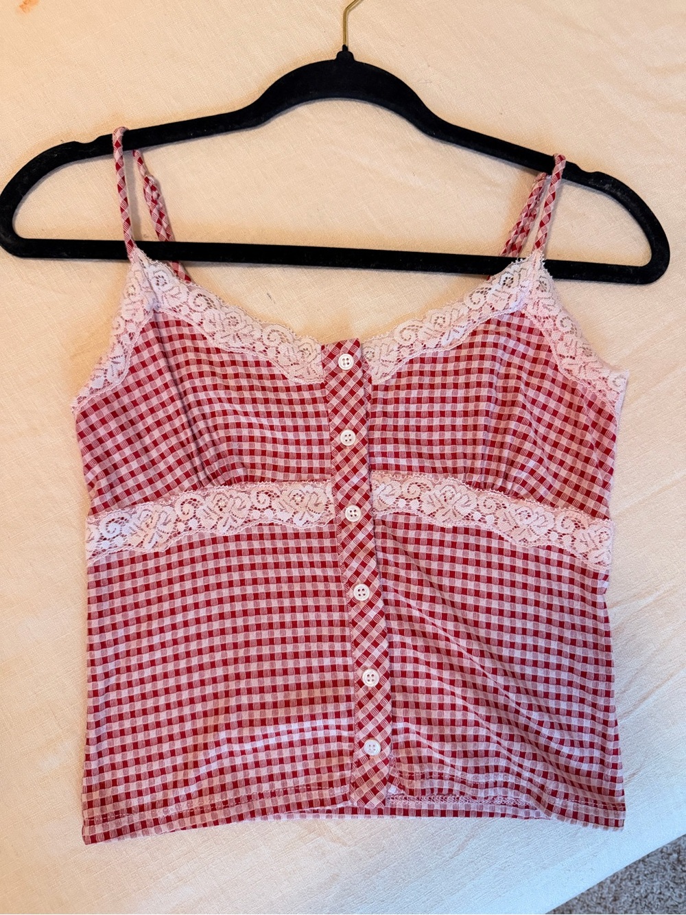 iris Red Gingham Lace-Trim Button Front Cami